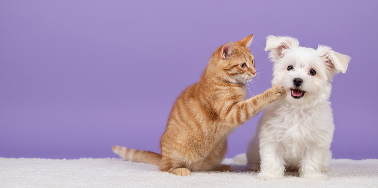 猫咪与狗狗 - 薰衣草紫背景