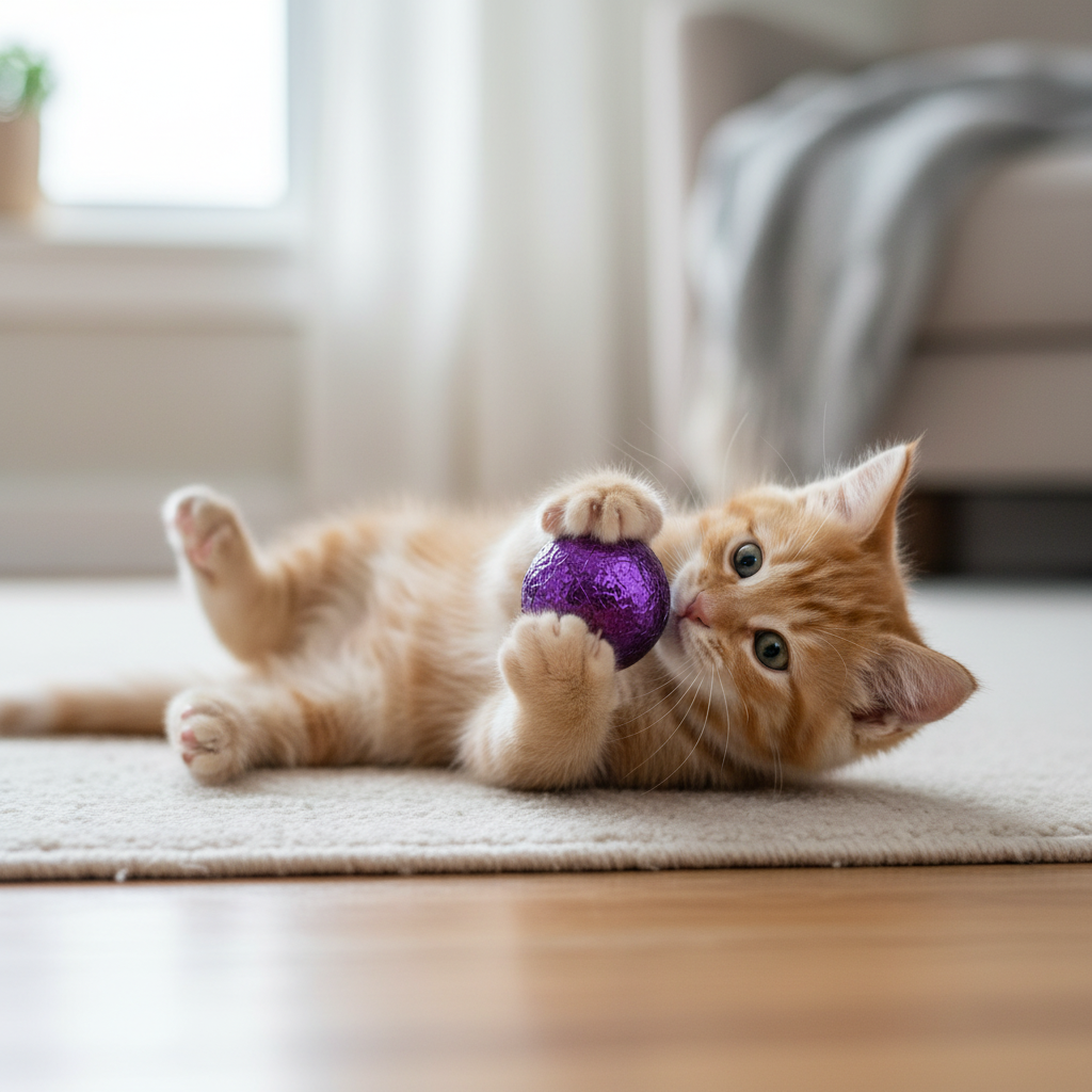 小猫仰躺抱球图